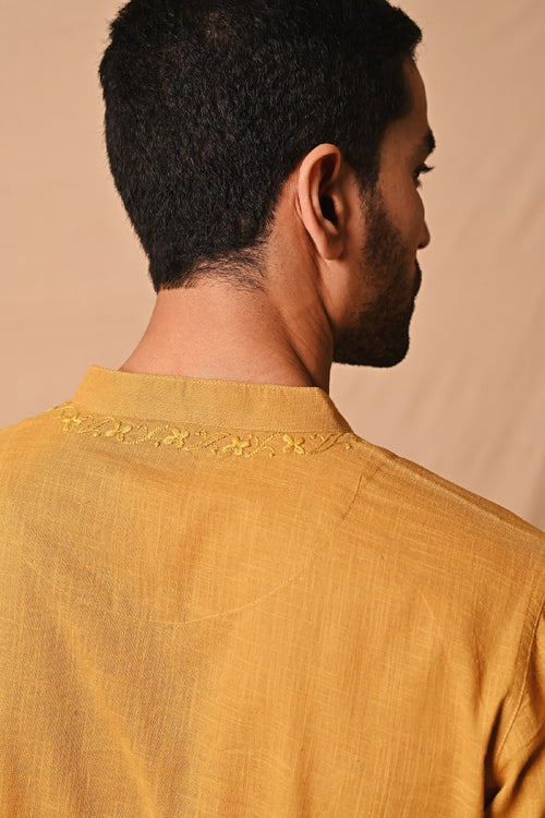 Rangsutra Ronav Mustard Chikankari Neckline Embroidered Short Kurta