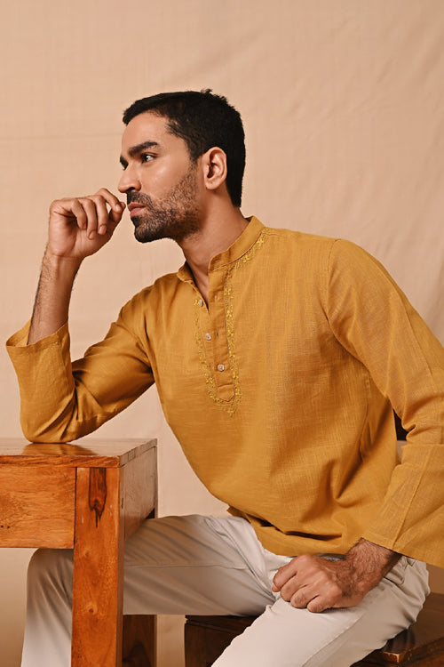 Rangsutra Ronav Mustard Chikankari Neckline Embroidered Short Kurta
