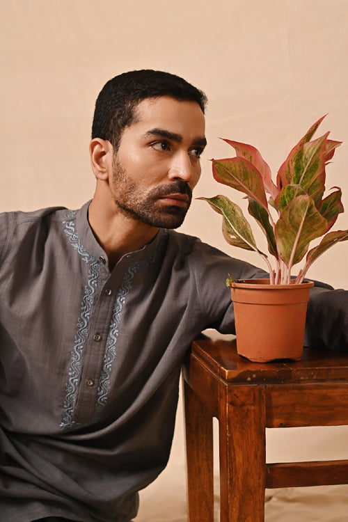 Rangsutra Ronav Grey Chikankari Embroidered Long Kurta