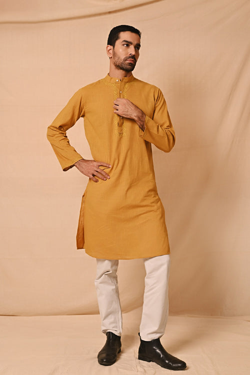 Rangsutra Ronav Mustard Chikankari Embroidered Long Kurta