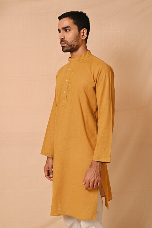 Rangsutra Ronav Mustard Chikankari Embroidered Long Kurta