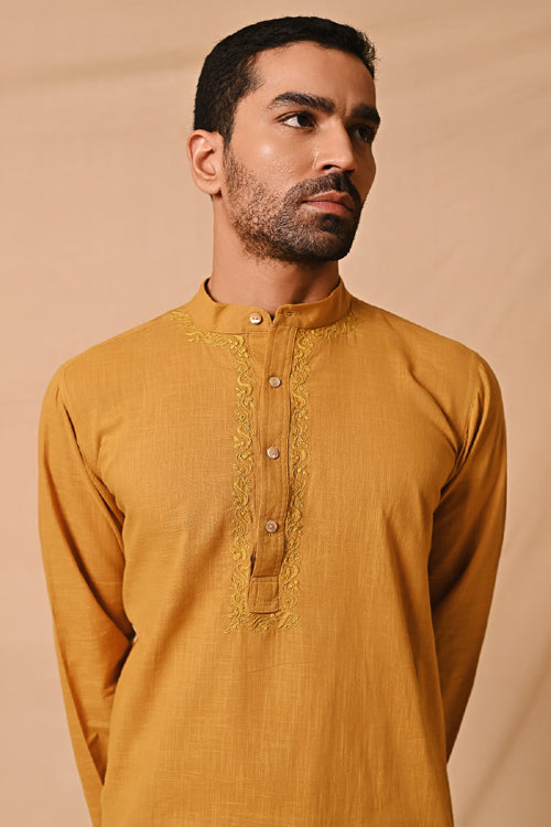Rangsutra Ronav Mustard Chikankari Embroidered Long Kurta