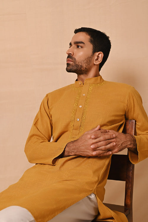 Rangsutra Ronav Mustard Chikankari Embroidered Long Kurta