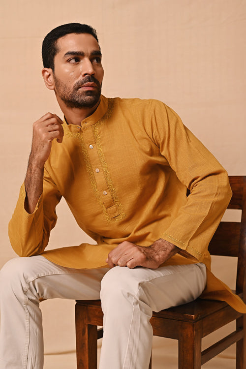 Rangsutra Ronav Mustard Chikankari Embroidered Long Kurta