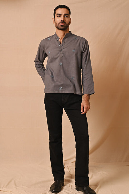 Rangsutra Ronav Grey Chikankari Allover Embroidered Short Kurta