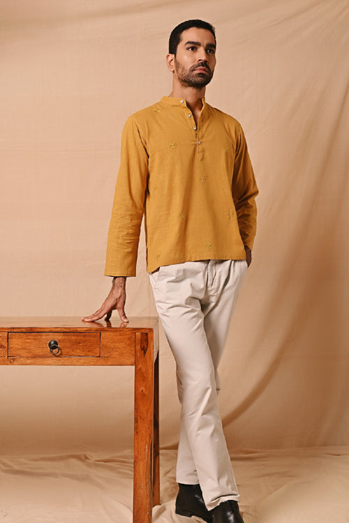 Rangsutra Ronav Mustard Chikankari Allover Embroidered Short Kurta