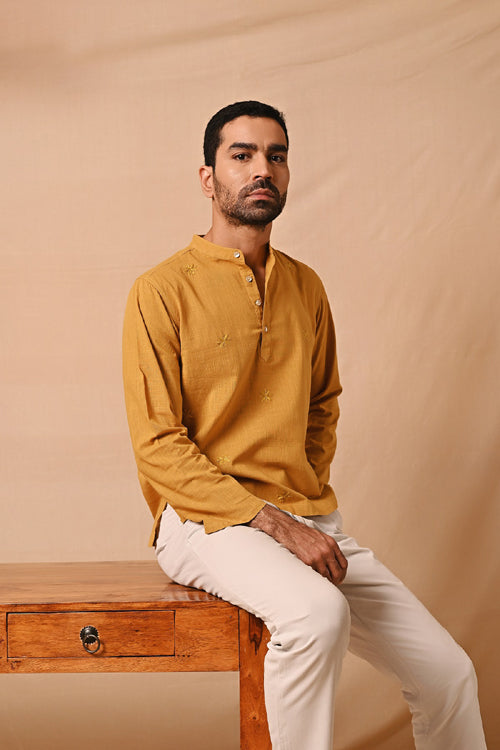 Rangsutra Ronav Mustard Chikankari Allover Embroidered Short Kurta