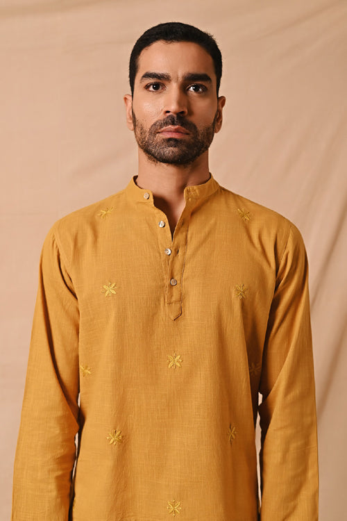 Rangsutra Ronav Mustard Chikankari Allover Embroidered Short Kurta