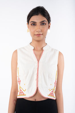 Shifrah Soof Embroidered Off-White Sleeveless Blouse