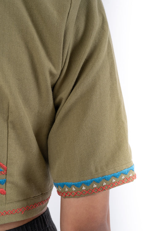 Rangsutra Shifrah Soof Embroidered Olive Half Sleeve Blouse