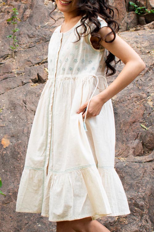 Rangsutra Avani Chikankari Off White Pure Cotton Sleeveless Dress