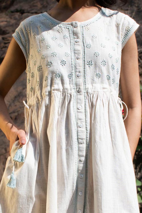 Rangsutra Avani Chikankari Off White Pure Cotton Sleeveless Dress