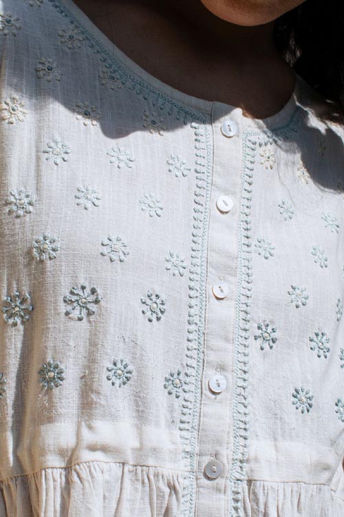 Rangsutra Avani Chikankari Off White Pure Cotton Sleeveless Dress