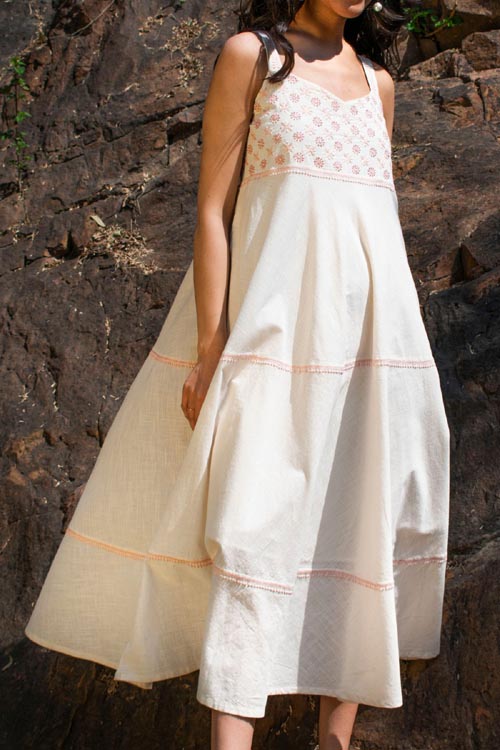 Rangsutra Avani Chikankari Off White Pure Cotton Strappy Dress