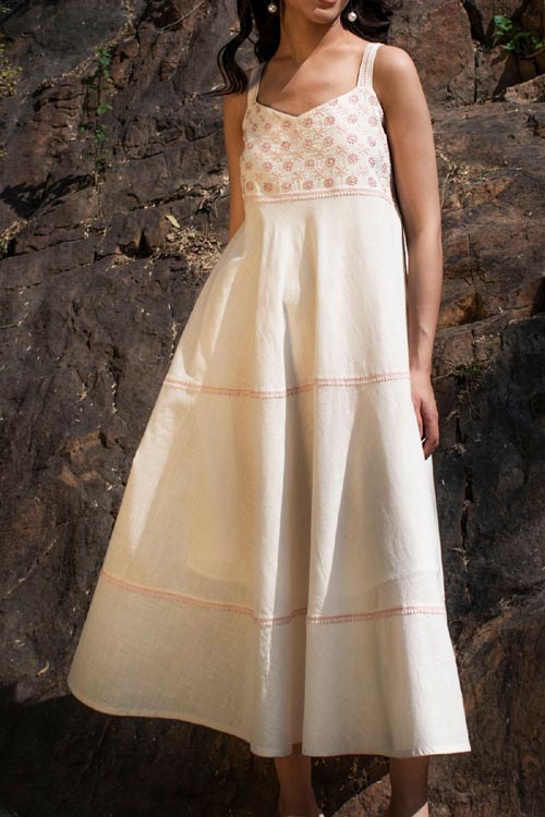 Rangsutra Avani Chikankari Off White Pure Cotton Strappy Dress
