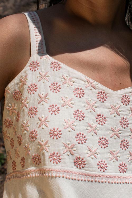 Rangsutra Avani Chikankari Off White Pure Cotton Strappy Dress