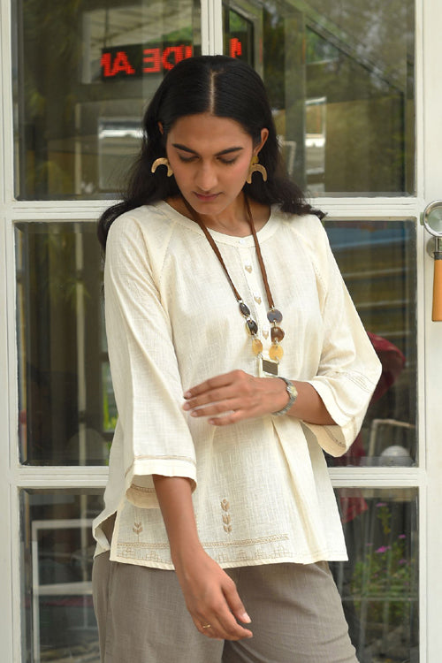 Rangsutra Bagh Cotton Round Neck Off White Hand Embroidered Top