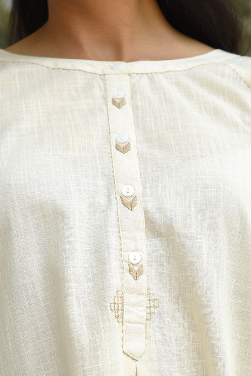 Rangsutra Bagh Cotton Round Neck Off White Hand Embroidered Top