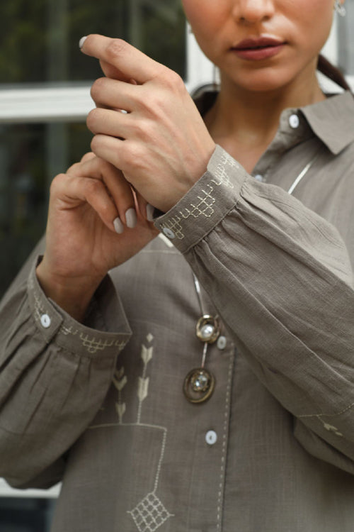 Rangsutra Bagh Cotton Full Sleeve Grey Hand Embroidered Top