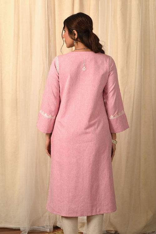 Rangsutra Baori Pink Hand Embroidered Round Neck Kurta