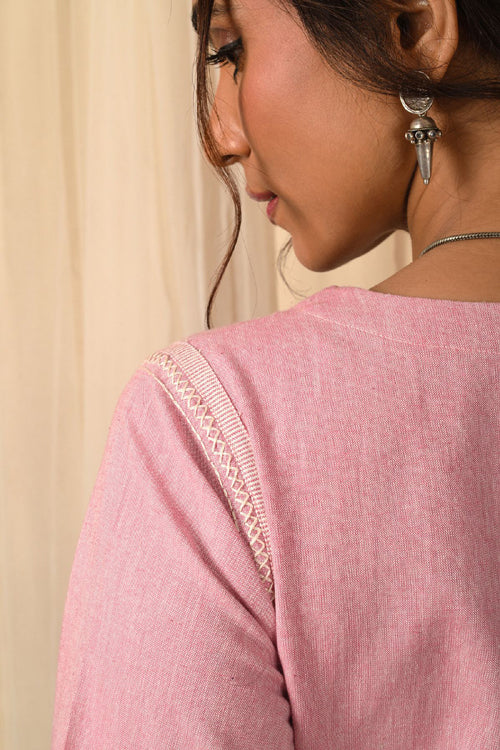 Rangsutra Baori Pink Hand Embroidered Round Neck Kurta