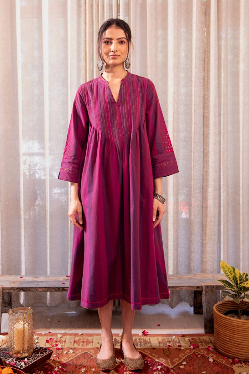 Rangsutra Haveli Soof Violet Hand Embroidered Pintuck Dress