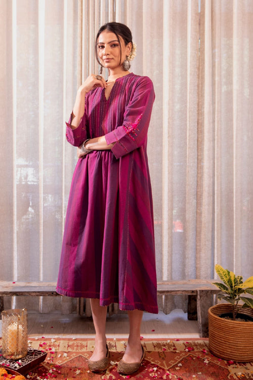 Rangsutra Haveli Soof Violet Hand Embroidered Pintuck Dress