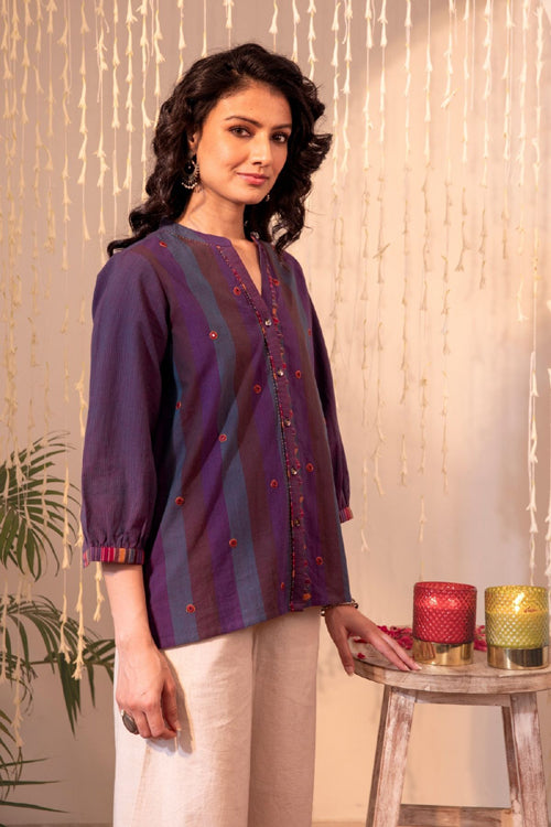 Rangsutra Haveli Applique And Kaanch Purple Hand Embroidered Top
