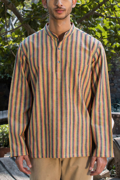 Rangsutra Dhaari Multi Color Striped Handwoven Full Sleeve Pure Cotton Short Kurta