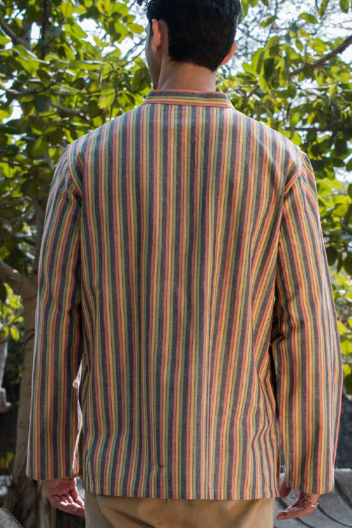Rangsutra Dhaari Multi Color Striped Handwoven Full Sleeve Pure Cotton Short Kurta