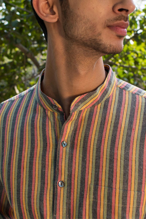 Rangsutra Dhaari Multi Color Striped Handwoven Full Sleeve Pure Cotton Short Kurta