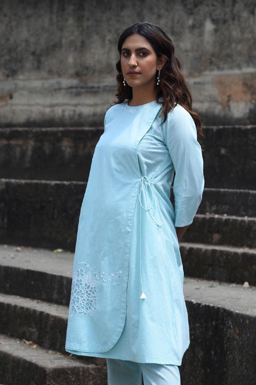 Rangsutra Nargis Blue Kashmiri Crewel Hand Embroidered Cotton Angrakha Kurta
