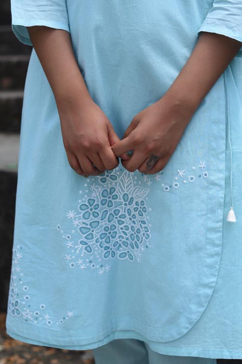 Rangsutra Nargis Blue Kashmiri Crewel Hand Embroidered Cotton Angrakha Kurta