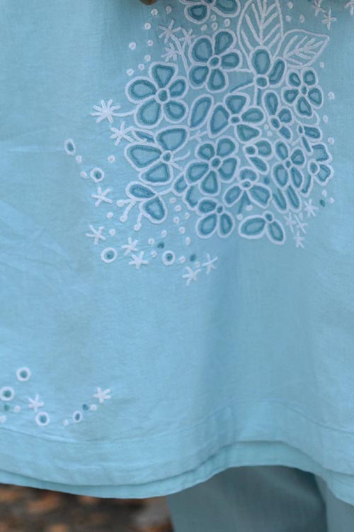 Rangsutra Nargis Blue Kashmiri Crewel Hand Embroidered Cotton Angrakha Kurta