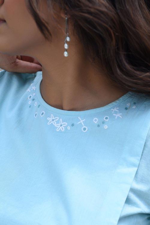 Rangsutra Nargis Blue Kashmiri Crewel Hand Embroidered Cotton Angrakha Kurta