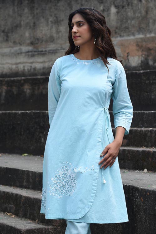 Rangsutra Nargis Blue Kashmiri Crewel Hand Embroidered Cotton Angrakha Kurta