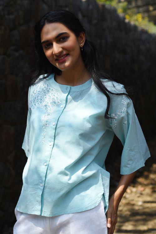 Rangsutra Nargis Blue Kashmiri Crewel Hand Embroidered Cotton Top.