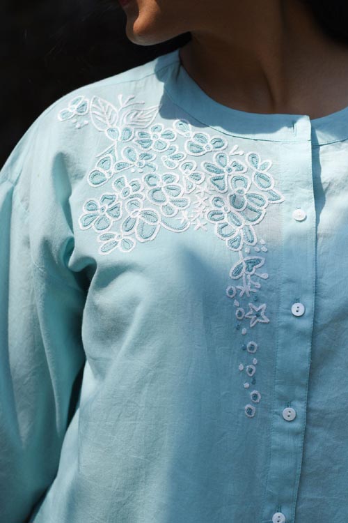 Rangsutra Nargis Blue Kashmiri Crewel Hand Embroidered Cotton Top.