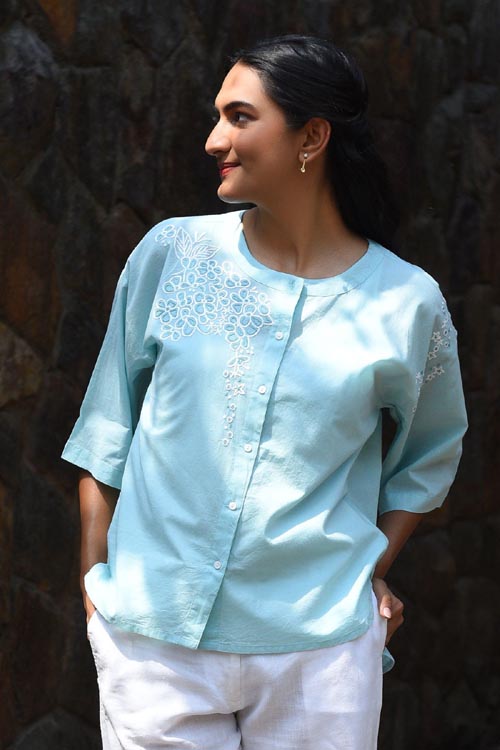 Rangsutra Nargis Blue Kashmiri Crewel Hand Embroidered Cotton Top.