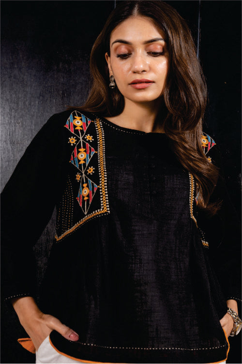 Paheli Black Side-Gather Cotton Top With Pakka Hand Embroidery