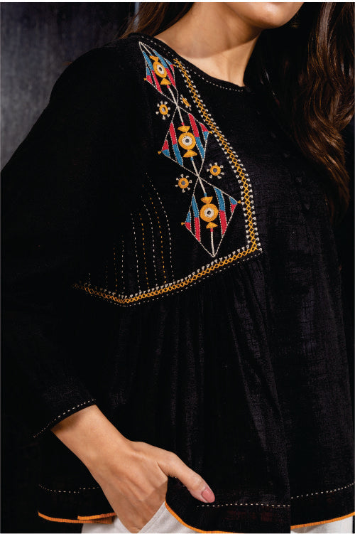 Paheli Black Side-Gather Cotton Top With Pakka Hand Embroidery