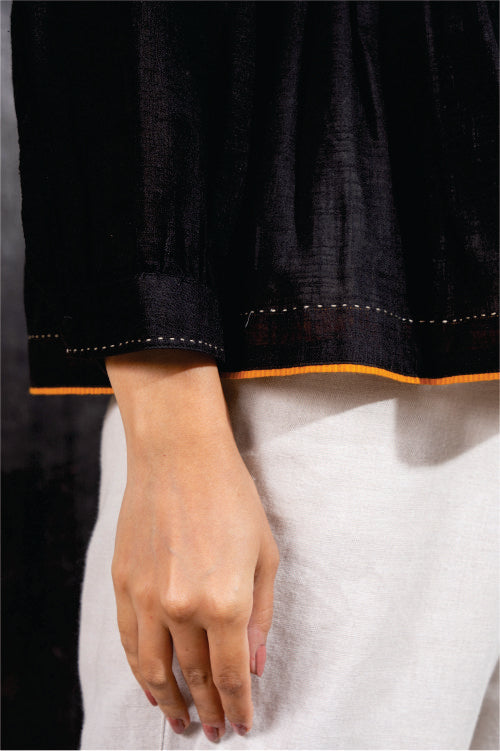 Paheli Black Side-Gather Cotton Top With Pakka Hand Embroidery
