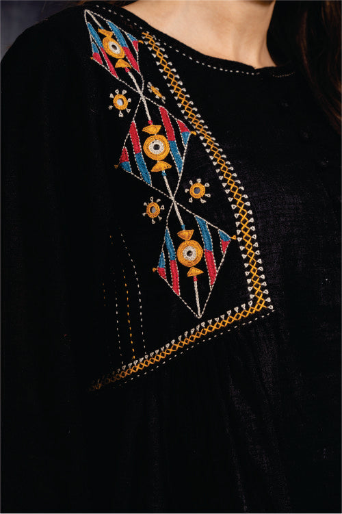 Paheli Black Side-Gather Cotton Top With Pakka Hand Embroidery