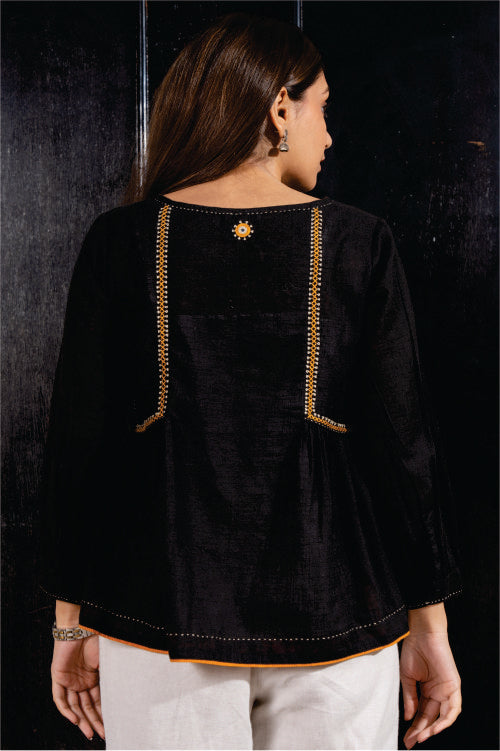 Paheli Black Side-Gather Cotton Top With Pakka Hand Embroidery