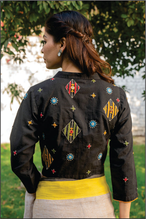 Paheli Black Shirt-Collar Cotton Blouse With Pakka Hand Embroidery