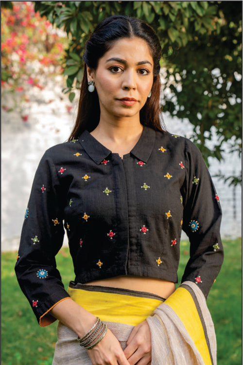 Paheli Black Shirt-Collar Cotton Blouse With Pakka Hand Embroidery