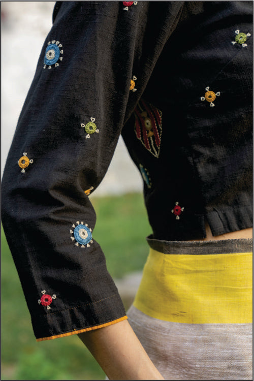 Paheli Black Shirt-Collar Cotton Blouse With Pakka Hand Embroidery