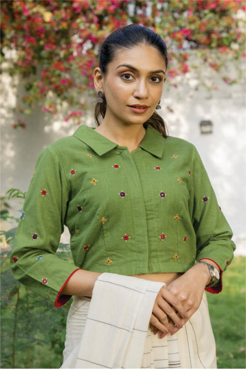 Paheli Green Shirt-Collar Cotton Blouse With Pakka Hand Embroidery
