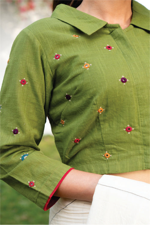 Paheli Green Shirt-Collar Cotton Blouse With Pakka Hand Embroidery