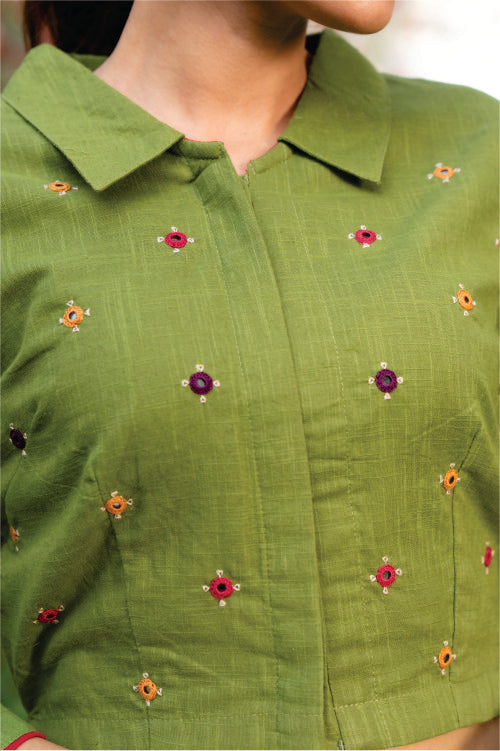 Paheli Green Shirt-Collar Cotton Blouse With Pakka Hand Embroidery